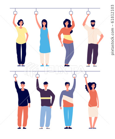 People holding bus handles. Diverse people in subway, public transport passengers standing in train, tram vector concept People holding bus handles. Diverse people in subway, public transport passengers standing in train, tram vector concept 61812103