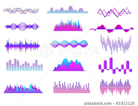 Sound waves. Color music wave, audio tune waveform pulse. Radio voice, soundtrack curves. Soundwave abstract volume signals vector set Sound waves. Color music wave, audio tune waveform pulse. Radio voice, soundtrack curves. Soundwave abstract volume signals vector set 61812120