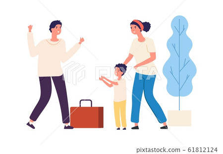 Dad is coming home from work. Vector happy family concept. Cute child, wife and husband 61812124