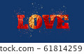 Word LOVE made of red and gold paint on blue. 61814259