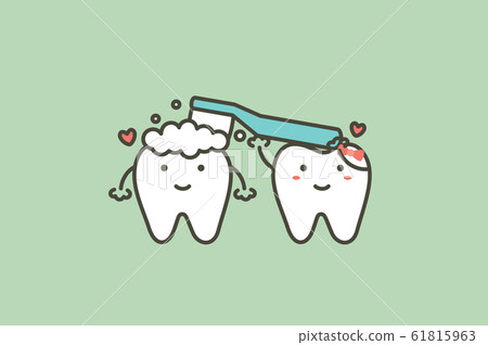 tooth is holding toothbrush and toothpaste to brushing teeth for friend tooth is holding toothbrush and toothpaste to brushing teeth for friend 61815963