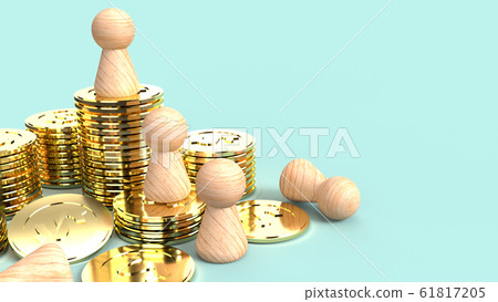 The wooden human figure gold coin 3d rendering on blue background  for business content. 61817205