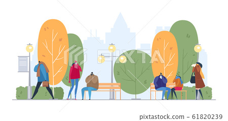 People on street flu season epidemic virus disease vector illustration. Ill family treating sick flu colds people in mask on street, in public transport. Death infection, epidemy chinese vaccine 61820239