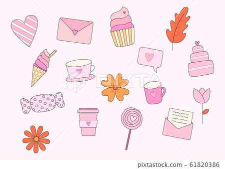 Valentine elements with heart, candy, ice cream, cupcake, wedding cake, coffee cup, tea cup, mug, letter, envelop and flowers 61820386