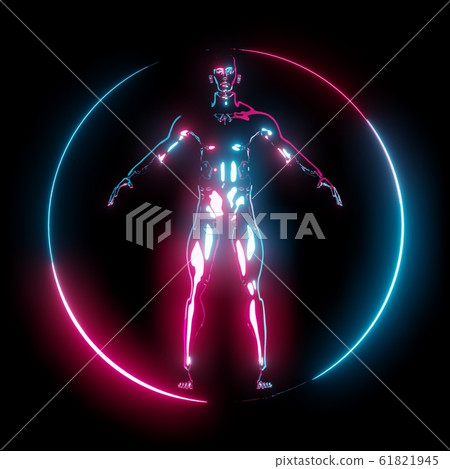 Neon light Vitruvian Man in circle frame 61821945