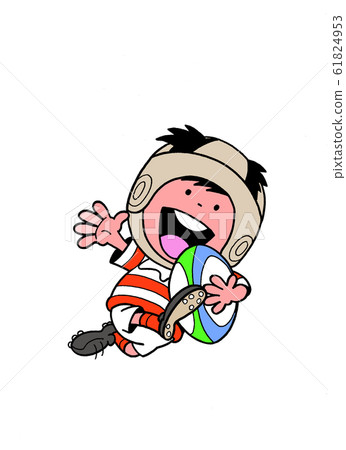 橄欖球孩子帶著球跑來跑去微笑 61824953