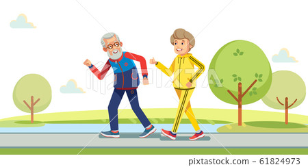 Happy active seniors running outside in green nature. Vector flat illustration. Happy active seniors running outside in green nature. Vector flat illustration. 61824973