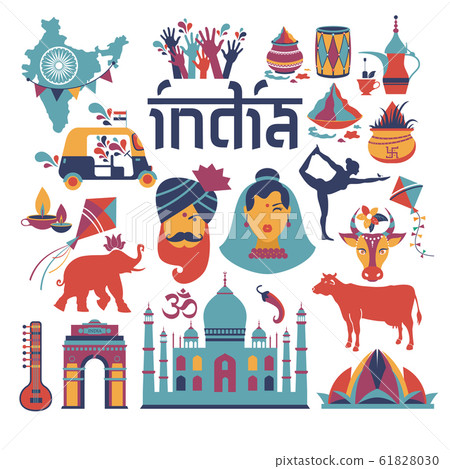 India set Asia country vector Indian architecture Asian traditions buddhism travel isolated icons and symbols. 61828030