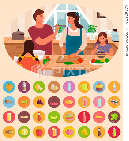 Parents and Children Cooking in Kitchen, Food Set 61829577