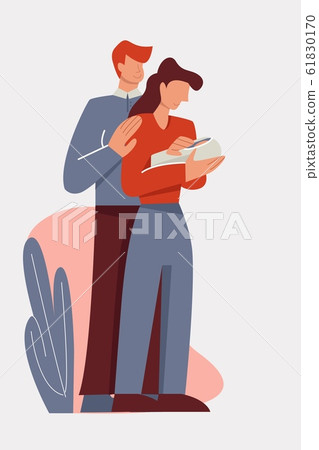 Hugging mother and father holding cute newborn baby enjoying parenthood vector flat illustration 61830170