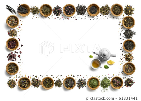 Large assortment of tea on a white background. The view from the top Large assortment of tea on a white background. The view from the top 61831441