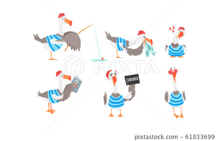 Funny Seagull Sailor Collection, Captain Bird Cartoon Character in Various Actions Vector Illustration 61833699