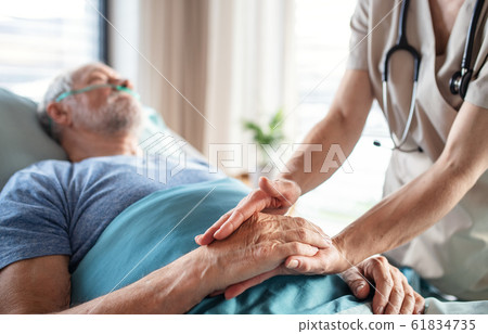 Unrecognizable female doctor examining senior man in bed in hospital. Unrecognizable female doctor examining senior man in bed in hospital. 61834735