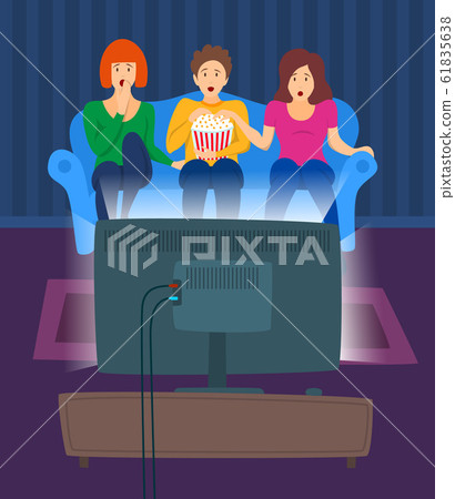 Cartoon Color Characters People and Movie Night Concept. Vector 61835638