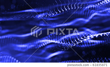 3d rendering of glow particles that fly in air as science fiction of microcosm or macro world or sci-fi. Abstract composition with depth of field and glow in dark with bokeh effects. Blue 61835871