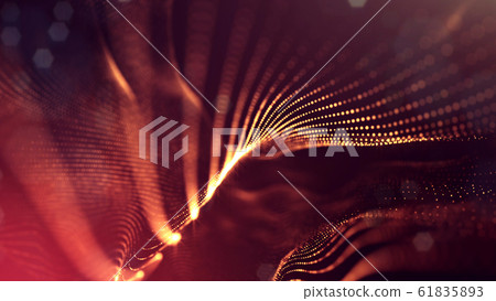 Microworld or sci-fi theme. 3d rendering background of glowing particles that form curved lines and 3d surfaces, grid with depth of field, bokeh. Golden red version 12 61835893