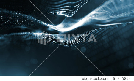 Microworld or sci-fi theme. 3d rendering background of glowing particles that form curved lines and 3d surfaces, grid with depth of field, bokeh. Blue version 11 61835894