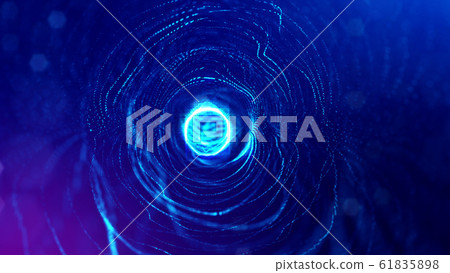 Microworld or sci-fi theme. 3d rendering background of glowing particles that form curved lines and 3d surfaces, grid with depth of field, bokeh. Blue version 10 61835898