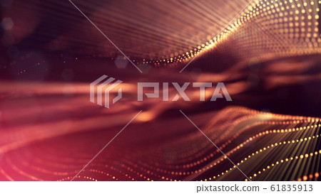 Microworld or sci-fi theme. 3d rendering background of glowing particles that form curved lines and 3d surfaces, grid with depth of field, bokeh. Golden red version 6 61835913