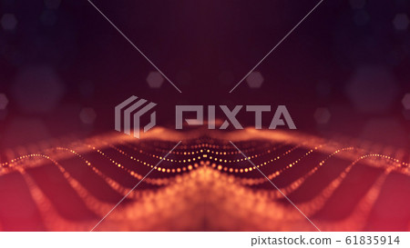 Microworld or sci-fi theme. 3d rendering background of glowing particles that form curved lines and 3d surfaces, grid with depth of field, bokeh. Golden red version 5 Microworld or sci-fi theme. 3d rendering background of glowing particles that form curved lines and 3d surfaces, grid with depth of field, bokeh. Golden red version 5 61835914