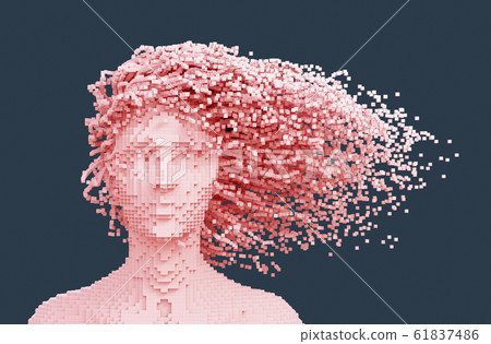 Pink Pixelated Head Of Woman And 3D Pixels As Hair Pink Pixelated Head Of Woman And 3D Pixels As Hair 61837486