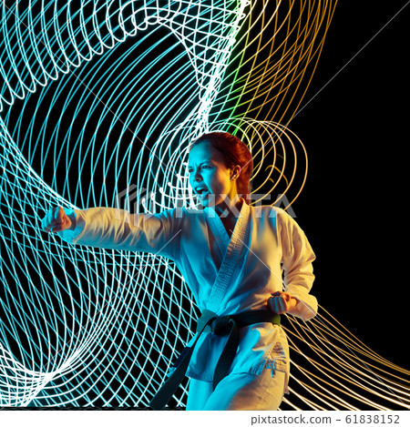 Creative sport and neon waves on dark neon lighted line background 61838152