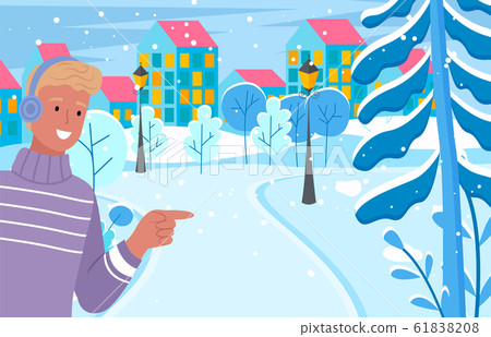 Man Smiling and Standing on Snowy City Street Man Smiling and Standing on Snowy City Street 61838208