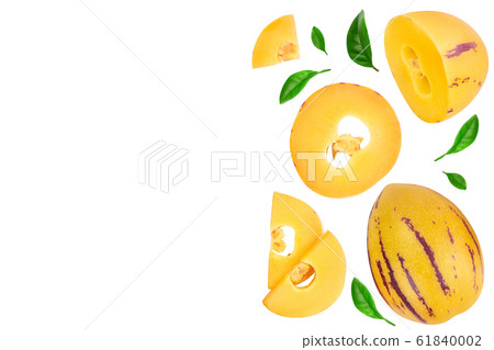 Fresh Pepino fruit with leaves isolated on white background with copy space for your text.. Top view, flat lay 61840002