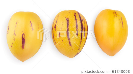Fresh Pepino fruit with leaves isolated on white background. Top view, flat lay 61840008