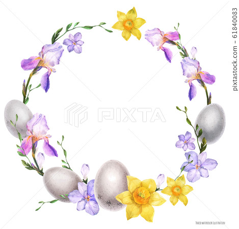 Decorative watercolor wreath with flowers and eggs Decorative watercolor wreath with flowers and eggs 61840083
