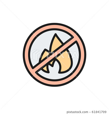 Forbidden sign with fire, firefighting, no bonfire flat color line icon. Forbidden sign with fire, firefighting, no bonfire flat color line icon. 61841709