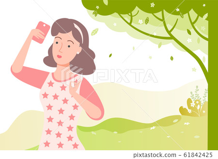 Woman on Nature Posing Female Taking Selfie Vector 61842425