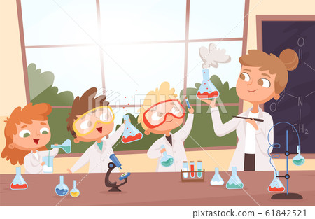 Chemistry lesson. Little science kids boys and girls making researching tests in school lab vector background illustration cartoon 61842521