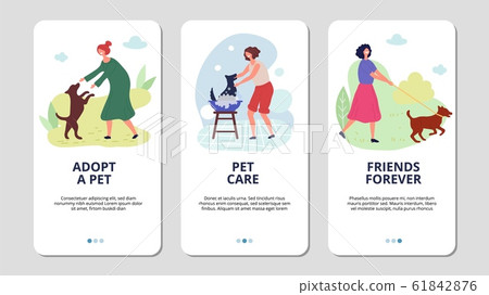 Pets care. Woman adopt puppy and go to walk with dog. Animal rescue vector mobile app landing page templates 61842876