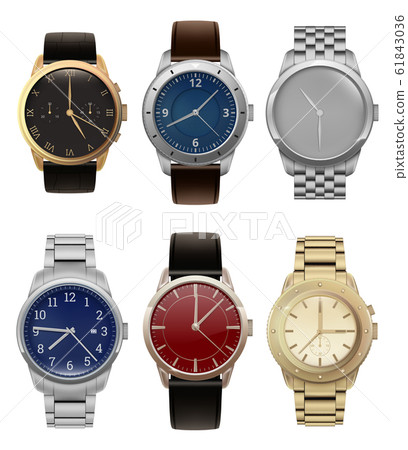 Wristwatches. Realistic luxury silver and golden men watches with modern steel bracelets fashion vector collection Wristwatches. Realistic luxury silver and golden men watches with modern steel bracelets fashion vector collection 61843036