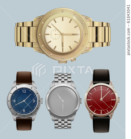 Men watches. Luxury style expensive bracelets with modern wrist watches vector realistic set Men watches. Luxury style expensive bracelets with modern wrist watches vector realistic set 61843041