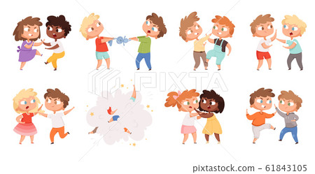 Boys fighting. School bully angry kids punishing in playground vector cartoon characters set 61843105