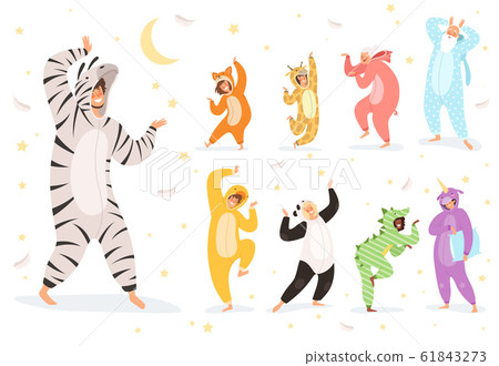 Pyjamas characters. Happy kids and parent playing in night textile costumes vector 61843273