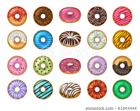 Donuts desserts. Round fast food products tasty chocolate rings cakes colored vector set 61843444