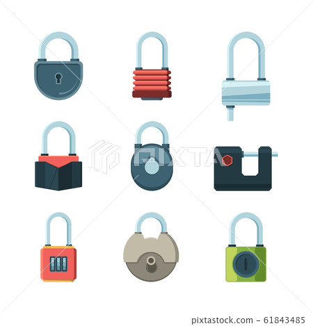 Mechanical lock. Padlock safety symbols vector flat pictures set 61843485