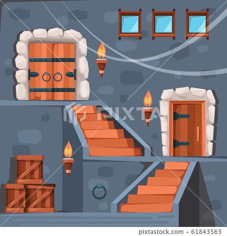 Castle basement. Ancient prison entrance dark crypt interior with doors and staircase stone vector flat picture 61843563