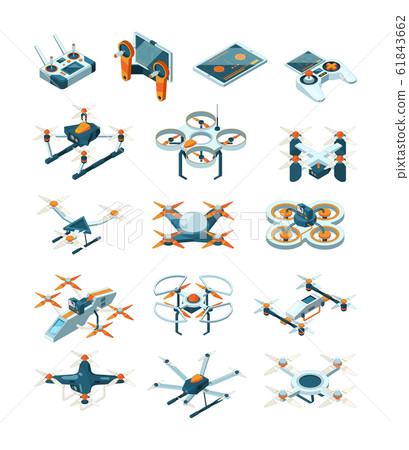 Drones isometric. Aircraft future modern technologies transport unmanned aviation vector set Drones isometric. Aircraft future modern technologies transport unmanned aviation vector set 61843662