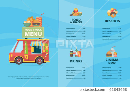 Food truck menu. Urban fast food restaurant street festival pizza barbecue trucks cooking van vector template Food truck menu. Urban fast food restaurant street festival pizza barbecue trucks cooking van vector template 61843668