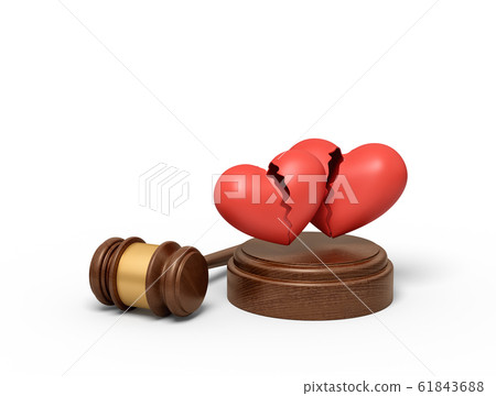 3d rendering of brown wooden gavel and two red broken hearts on round wooden block 3d rendering of brown wooden gavel and two red broken hearts on round wooden block 61843688