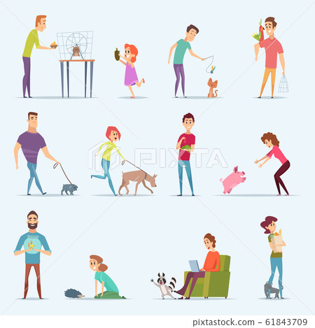Animal owners. Dog kitten aquarium fishes people with lovely domestic animals vector cartoon characters Animal owners. Dog kitten aquarium fishes people with lovely domestic animals vector cartoon characters 61843709