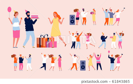 Birthday people. Happy party characters family celebration dancing have a fun balloons and cake vector set Birthday people. Happy party characters family celebration dancing have a fun balloons and cake vector set 61843865