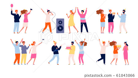 Party people. Friends at birthday celebrating dancing playing and eating have a fun vector characters 61843866