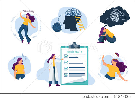 Mental problems. Human mind treatment emotional splashes sickness medical care vector flat concept pictures 61844063