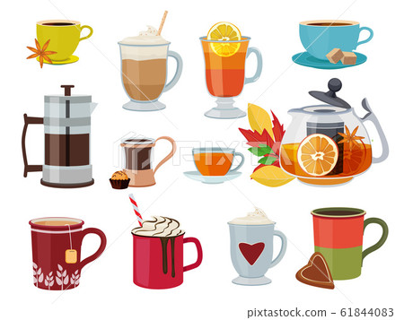 Warm drinks. Hot breakfast liquid products tea coffee with milk mulled wine vector pictures set 61844083