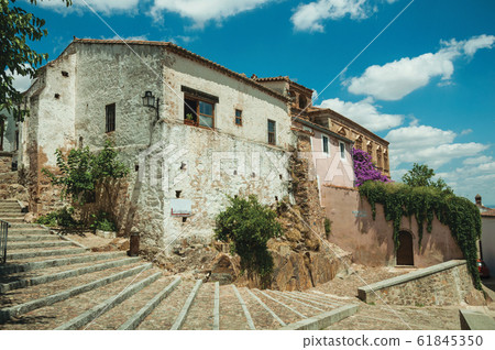 Buildings and flowering trees over a stairway in Caceres 61845350